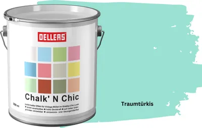 Produktbild von OELLERS Chalk 'N Chic Kreidefarbe Traumtürkis 2,5L matt – für Shabby-Chic-Look & Vintage-Stil auf Holz, Beton, Raufaser, Gipskarton uvm.