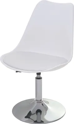 A white swivel chair with a chrome base is shown against a white background.