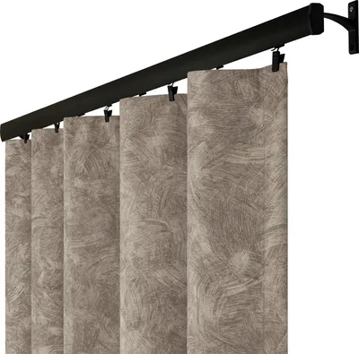 A close-up view of vertical blinds hanging from a curtain rod.