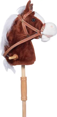 A close-up studio shot of a brown hobby horse with a white mane and tan bridle, isolated on a white background.