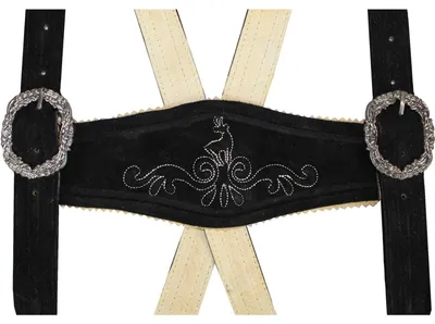 Detaillierte Nahaufnahme schwarzer Wildlederträger mit weicher Wildlederstruktur. Bestickte Lederhosen-Träger, handgefertigt für Oktoberfest-Mode. Klassische deutsche Kostümträger.