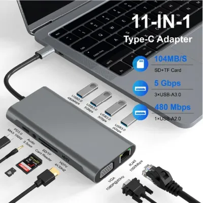 Produktbild von USB-C-Hub, 11-in-1-HDTV/VGA-Adapter mit Gigabit-Ethernet, USB 3.0, SD/TF, Audio, Dockingstation für MacBook-Laptops