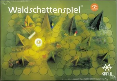A board game box with a forest scene depicted on it, featuring tents and a central light source.