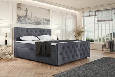 Produktbild von MEBLINI Boxspringbett mit Bettkasten - Gepolstert Doppelbett mit Matratze und Topper - Polsterbett mit Stauraum - Bett mit Kopfteil - Seniorenbett - PEDRO - 160x200 - H3P/Dunkelgrau Samt