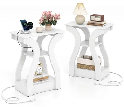 Image de Lot de 2 tables d'appoint COSTWAY, table basse à 3 niveaux avec station de recharge et étagères, table de chevet avec ports USB et prises électriques, pour le salon, blanc