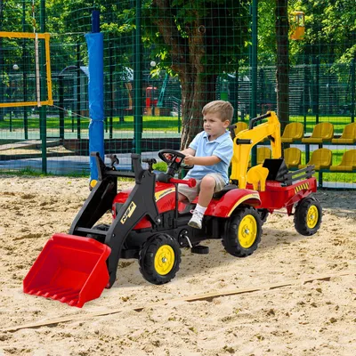 Immagine prodotto di Trattore a pedali COSTWAY, trattore per bambini con rimorchio staccabile e pala da scavo, trattore per bambini con capacità di carico fino a 35 kg, sedile escavatore per bambini a partire da 3 anni rosso
