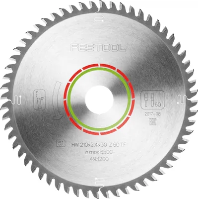 Image de Festool HW 210x2,4x30 TF60 Lame circulaire LAMINATE/HPL ( 493200 ) 210 x 2,4 x 30 mm 60 dents pour stratifiés, panneaux revêtus, verre acrylique, panneaux de résine mélamine et matériaux minéraux