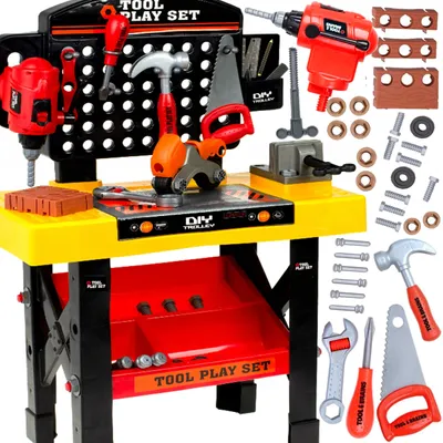 Immagine prodotto di Strumenti per bambini MalPlay Tools & Brains | Set di attrezzi da gioco per bambini dai 3 anni in su | Cacciavite, morsa, trapano, viti, utensili, sega, martello | Set creativo