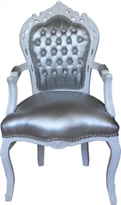 Produktbild von Casa Padrino Barock Esszimmer Stuhl mit Armlehnen Silber/Weiss Lederoptik mit Bling Bling Glitzersteinen