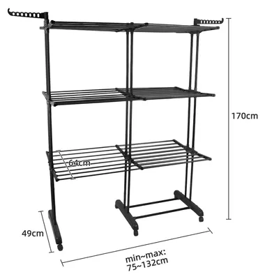 Produktbild von Wäscheständer 3‑in‑1 - Klappbarer Wäscheständer - Ausziehbarer 3‑Ebenen Trockenturm - Flügelwäscheständer - Platzsparend aus Kohlenstoffstahl - Schwarz