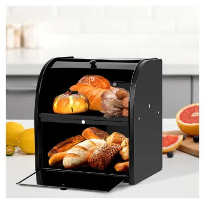 Produktbild von Brotkästen aus Metall, extra groß, Doppelfach, Roll-Top, Brotbox, Küche, Lebensmittelaufbewahrung, Theke, doppelschichtig, schwarz – keine Installation erforderlich