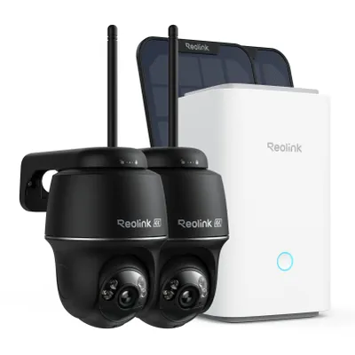 A set of Reolink security cameras and a base station are displayed against a white background.