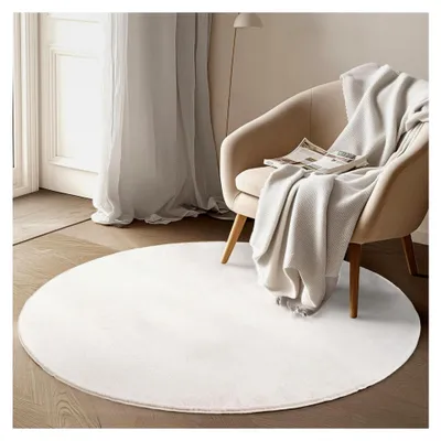Produktbild von Runder Kurzflor Teppich 200 cm Creme - Waschbar, rutschfest, weich, modernes einfarbiges Design - für Schlafzimmer, Küche, Esszimmer