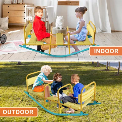 Image de OKWISH Jeu de bascule - Bascule Enfant 3 Places avec Cadre Métal Robuste et Assises Antidérapantes, Pour Jardin et Parc, Bleu Jaune