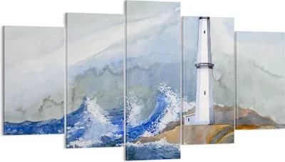 Produktbild von Bild auf Leinwand - Leinwandbild - Leuchtturm Wasser Illustration Welle - 160x85cm - Wand Bild - Wanddeko - Leinwanddruck - Bilder - Kunstdruck - Leinwand bilder - Wandkunst - EA160x85-2997
