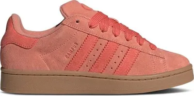 A side profile of a pink Adidas Campus 00s sneaker with a brown sole.