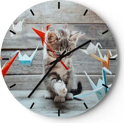 Produktbild von Wanduhr - Rund - Glasuhr - Katze spaß origami - 30x30cm - Schleichendes Uhrwerk - Lautlos - zum Aufhängen bereit - Dekoration Modern - Wanddekoration aus Glas - C3AR30x30-2818
