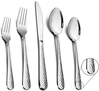 Produktbild von Besteck Set, 5-teilig Edelstahl Besteckset Essbesteck Set Service für 1 Personen, Hammergriff Tafelbesteck mit Messer Gabel Löffel, Hochglanzpoliert & Spülmaschinengeeignet