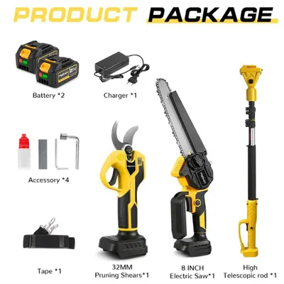 Produktbild von 4-in-1 Akku-Kettensäge & Astscheren Set - Bürstenloser Motor - 20 cm Schwert - 32 mm Schnittstärke - Teleskopstange 185 cm - 2 Akkus