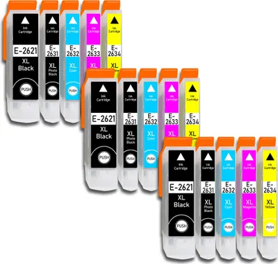 A collection of ink cartridges arranged in rows.