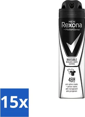 Zdjęcie produktu dla Rexona Men – dezodorant w sprayu – Motion Sense – Invisible Black & White – antyperspirant i transpirant – 150 ml – opakowanie ekonomiczne – 15 sztuk