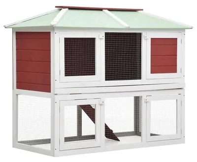 Image de Cage à lapins en bois, à deux étages, de couleur rouge et résistante aux intempéries