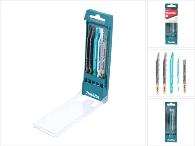 A collage of images showing a set of Makita jigsaw blades in their case and individual blades.