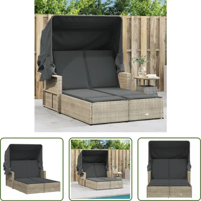 Produktbild von The Living Store Doppel-Sonnenliege mit Dach und Auflagen Hellgrau Poly Rattan