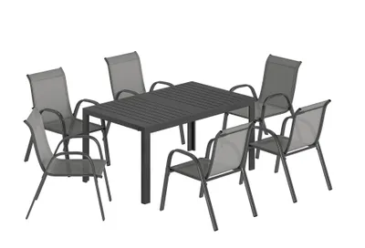 Produktbild von Gartenmöbel Set, Sitzgruppe 7-teilig Tisch mit 6 Atmungsaktiven Stapelstühlen Lamelldesign
