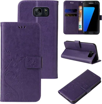 Produktbild von Handyhülle für Samsung Galaxy S7 Floral Blumen Schmetterling Flip Cover Hülle Case Klapphülle Handytasche Farbe: Violett