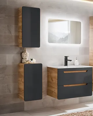 Produktbild von Badmöbel Set ARUBA COSMOS – EICHE 80 cm mit Waschbecken Matt Soft-Close Waschtisch Spiegel Hängeschrank Unterschrank