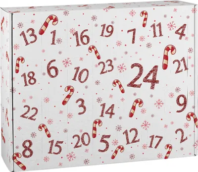 A white cardboard advent calendar with red candy cane and snowflake designs, featuring numbered doors.
