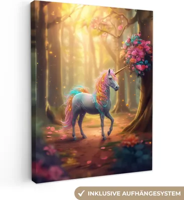 Produktbild von MuchoWow® - Leinwandbilder - Einhorn - Wald - Bunt - Blumen - Mädchen, Wandbild, Wanddeko Bilder Wohnzimmer, 90x120 cm