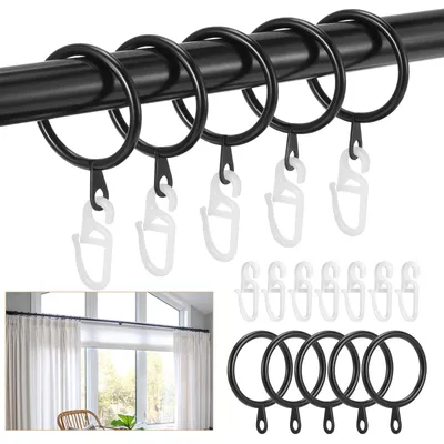 Produktbild von 45 Metall-Gardinenringe und -Haken, 30 mm Innendurchmesser, schwarze Aufhängeringe für Gardinenstangen, Duschvorhangstangen und Gardinenschienen