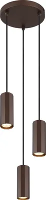A multi-light pendant lamp with three cylindrical shades in a matte bronze finish, suspended from a circular ceiling canopy.