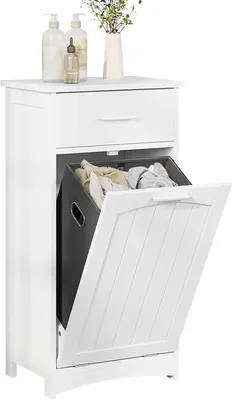 Produktbild von Badezimmerschrank mit ausklappbarem Wäschekorb, 42x82x30 cm mit 2 Fächern, Weiß