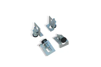 Four metal furniture feet with black rubber bases are arranged on a white background.