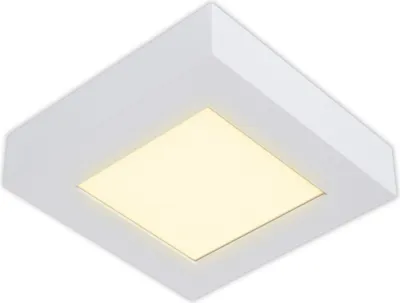 A square white LED ceiling light with a yellow illuminated center.