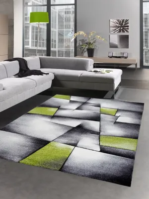 Produktbild von Moderner Teppich Kurzflor Wohnzimmerteppich karo abstrakt grün grau Größe - 80x150 cm