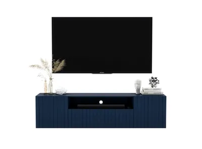 A navy blue TV stand with a large black TV mounted above it, against a white background.