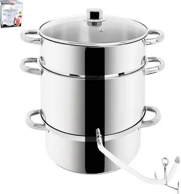 A stainless steel steamer pot with a glass lid and a white hose attachment.