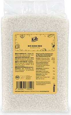 A bag of KoRo Bio Sushi Reis (rice) is shown against a white background. The bag is mostly filled with rice, and a yellow label with product information is prominently displayed on the front.