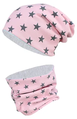 Produktbild von TupTam Unisex Kinder Beanie Mütze Schlauchschal Set, Farbe: Sterne Graphit / Altrosa, Größe: 54-56