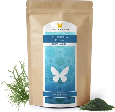 Produktbild von 500g Chlorella Pulver ohne Zusätze, gebrochene Zellwände, schonende Verarbeitung bei niedrigen Temperaturen, Rohkostqualität