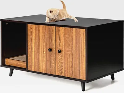 Produktbild von 2 in 1 Katzenschrank für Katzentoilette, Katzenhaus mit 2 Türen & Katzenkratzbrett, Katzenklo Schrank, Beistelltisch 90 x 50 x 50 cm (Dunkelbraun)