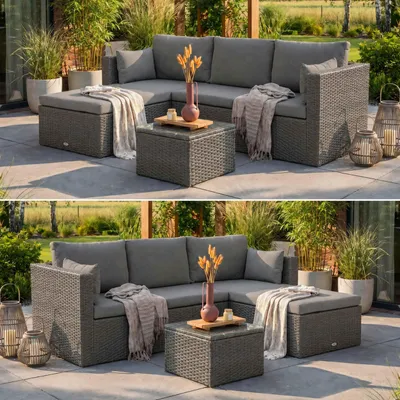 Produktbild von BEAUTYSOFA | SEVILLA Polyrattan Gartenlounge Graphite – Gartenmöbel Set, Ecksofa, Ecklounge mit Couchtisch, Outdoor Sofa, Loungegruppe für 4 Personen