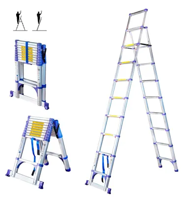 Teleskopleiter 10 Stufen, 2,9 m + 2,6 m, Alu, 150 kg, silber