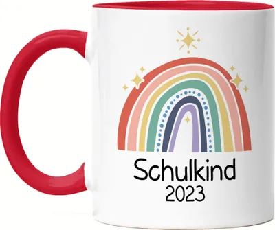 Produktbild von Schulkind 2023 Tasse Rot  Einschulungsgeschenk Grundschule 1. Klasse Schulstart Sterne Regenbogen