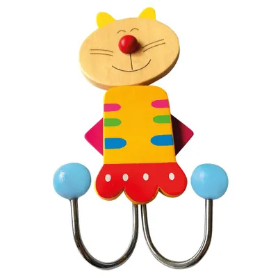 A colorful wooden cat-shaped wall hook.