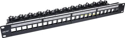 Produktbild von InLine Patchfeld 24-fach, Keystone Leerblech Patchpanel, 19", 1HE, schwarz, Cat6, Cat5, Cat6a, Schwarz, Rackeinbau, 1U, 95 mm, 45 mm
